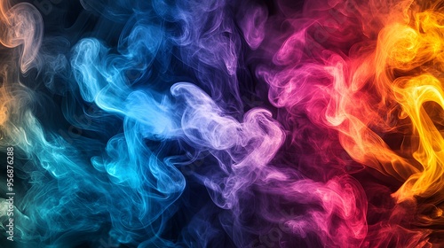 Abstract Smoke Art: Swirls of colorful smoke in mid-air, creating intricate patterns that blend and intertwine with each other. 