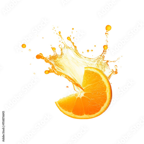 Fresh orange slice and juice splash on white background. Perfect for food and beverage advertisements, summer themed designs, and health articles