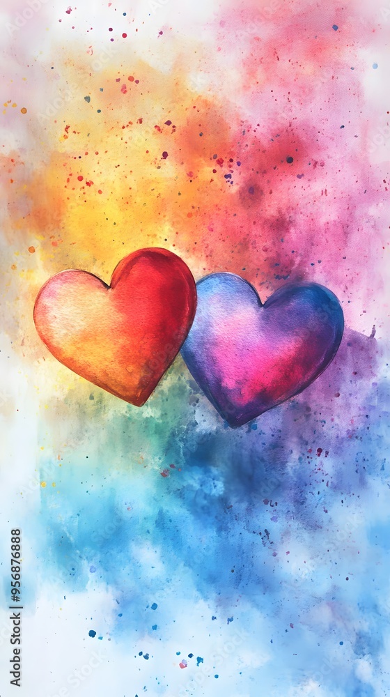 Two hearts on a watercolor background with rainbow colors. Love concept for Valentine's Day, weddings, or other events. Two hearts on a watercolor background with rainbow colors. Love concept for Valentine's Day, weddings, or other events.