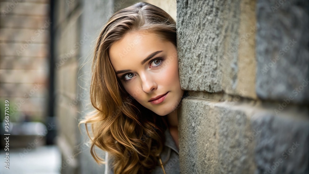 Attractive young adult female with a cunning expression and raised eyebrow, peeking around a corner with a sly and secretive gaze. Attractive young adult female with a cunning expression and raised eyebrow, peeking around a corner with a sly and secretive gaze.