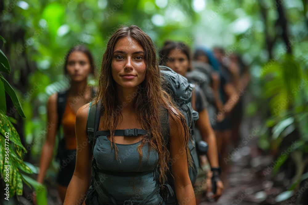 A serene image of pilgrims walking along an ancient nature trail on an epic journey surrounded by lush greenery. Generative AI A serene image of pilgrims walking along an ancient nature trail on an epic journey surrounded by lush greenery. Generative AI