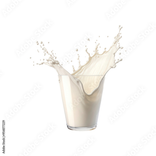 A glass filled with milk splashing outward is ideal for food and beverage advertising or dairy product promotions; it is dynamic and refreshing