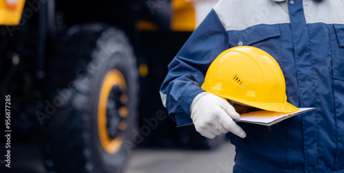 Dump truck driver man in uniform with tablet computer controls loading of cargo or coal. Concept banner automated logistics online internet photo