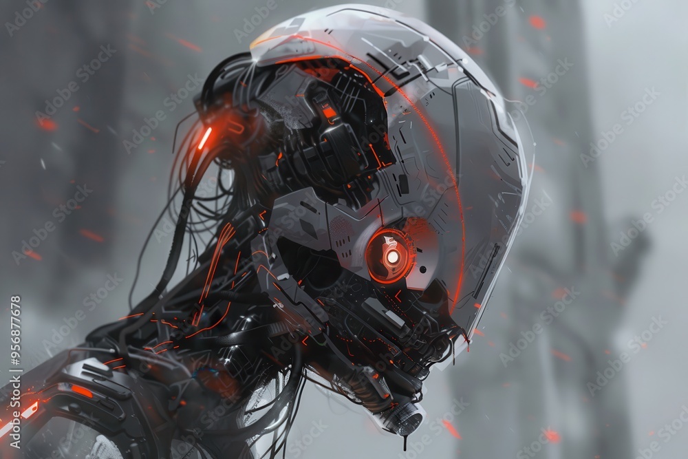 Fototapeta premium Close-up of a Futuristic Cyborg Head with Red Glowing Lights