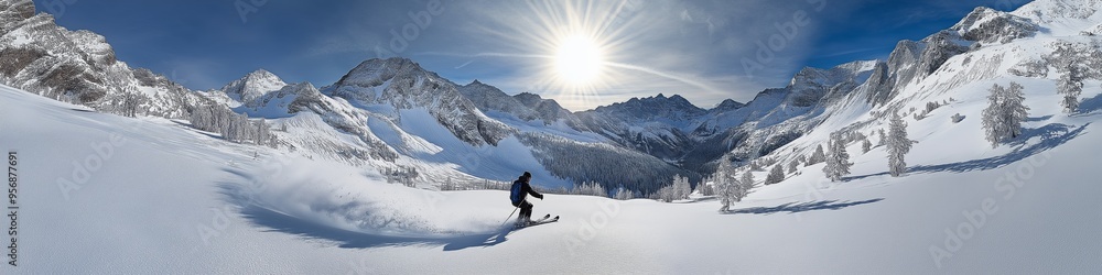 A skier is skiing down a mountain slope. The sun is shining brightly in the background, creating a warm and inviting atmosphere. The skier is wearing a blue jacket and he is enjoying the beautiful day A skier is skiing down a mountain slope. The sun is shining brightly in the background, creating a warm and inviting atmosphere. The skier is wearing a blue jacket and he is enjoying the beautiful day
