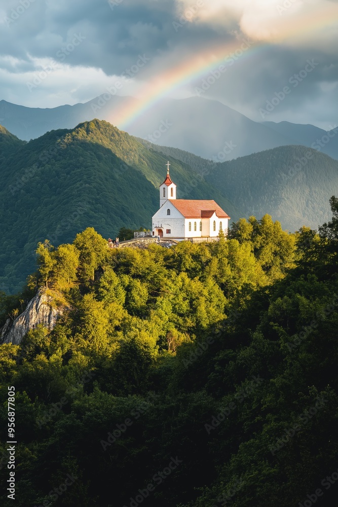 A white church with a red roof is on top of a mountain. The sky is cloudy and the sun is shining through the clouds A white church with a red roof is on top of a mountain. The sky is cloudy and the sun is shining through the clouds