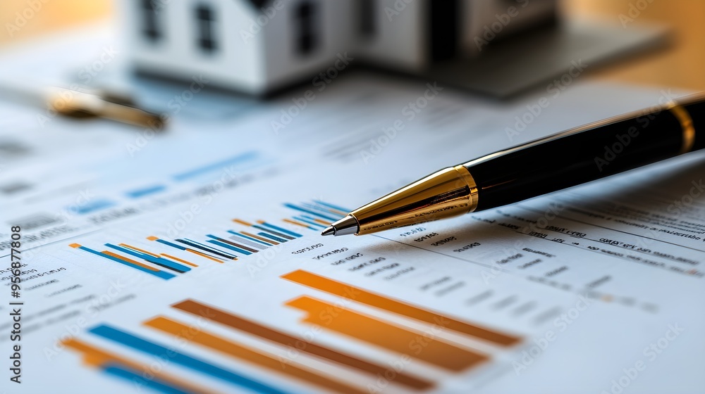 A close-up of a home refinance document, with a pen poised for signing, surrounded by detailed financial charts and mortgage calculations, warm tones A close-up of a home refinance document, with a pen poised for signing, surrounded by detailed financial charts and mortgage calculations, warm tones