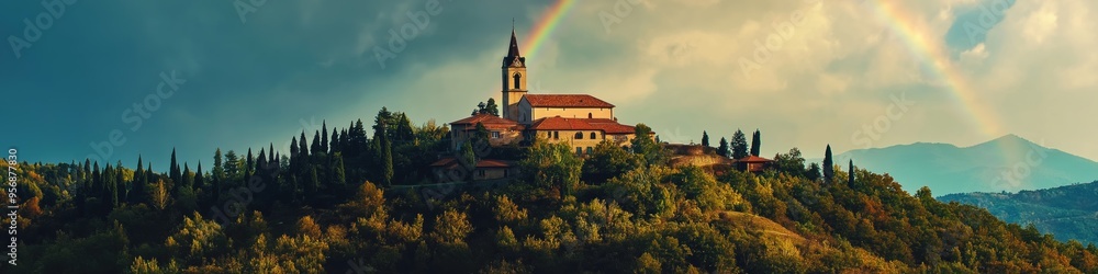 A beautiful mountain with a castle on top and a rainbow in the sky. The castle is surrounded by trees and the sky is cloudy A beautiful mountain with a castle on top and a rainbow in the sky. The castle is surrounded by trees and the sky is cloudy