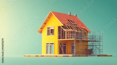 A creative visualization of refinancing a home loan, showing a house being rebuilt with new terms, symbolic representation of financial growth, vibrant colors photo