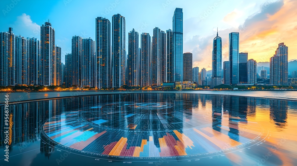 Fototapeta premium A detailed financial dashboard showing multiple properties, mortgage balances, refinancing opportunities, and projected investment returns, set against a backdrop of city skyscrapers