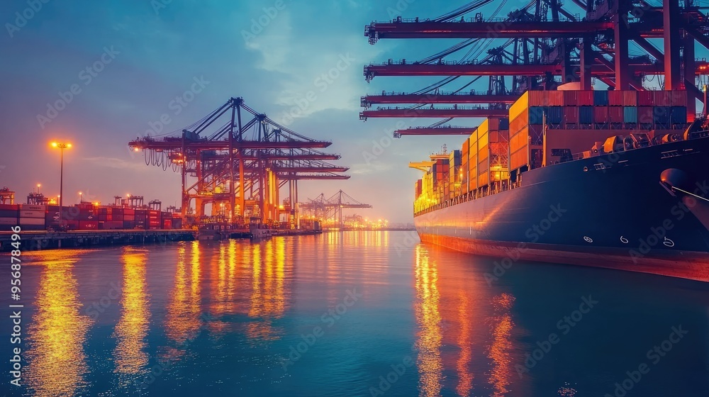 Dusk view of an industrial port with a large container ship being unloaded by towering cranes. Captures the end-of-day operations and port activity. Dusk view of an industrial port with a large container ship being unloaded by towering cranes. Captures the end-of-day operations and port activity.