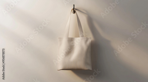 A 3D Mockup of a Tote Bag Hanging on a Minimalist Wall Hook