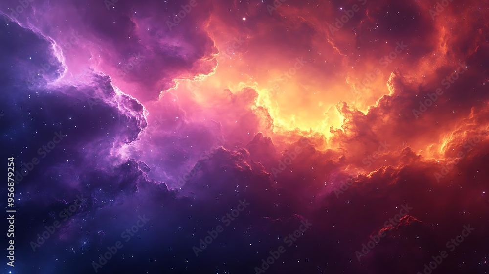 Abstract Cosmic Nebula Background - Fiery Orange and Purple Clouds with Stars Abstract Cosmic Nebula Background - Fiery Orange and Purple Clouds with Stars