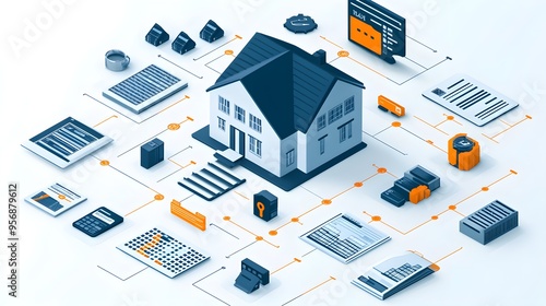 A digital infographic showing steps in a real estate investment plan, featuring property icons, income growth projections, and financial planning tools