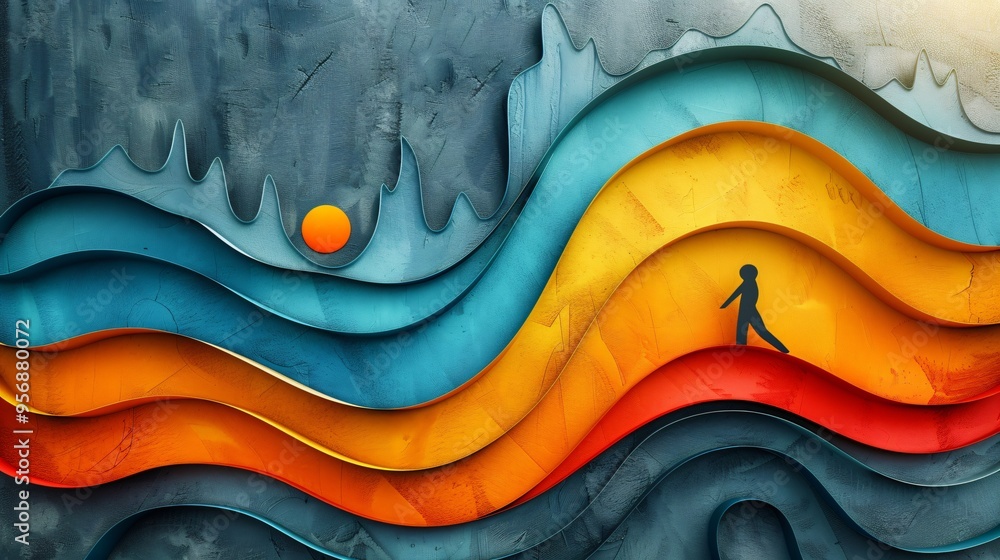 Abstract Wavy Background with Person Silhouette and Sun Abstract Wavy Background with Person Silhouette and Sun