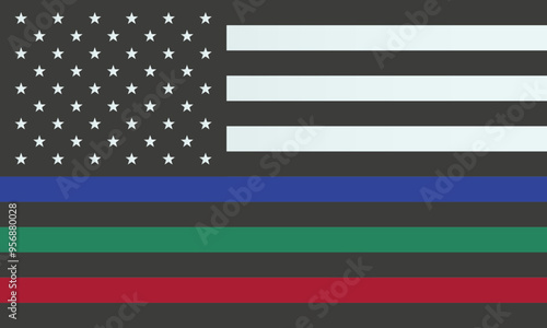 Thin blue, green, red line american flag. Memory, honour of firefighters, law enforcement officers USA military