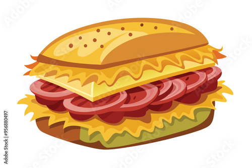 Reuben sandwich, corned beef, cheese, and sauerkraut filling vector illustration on white background