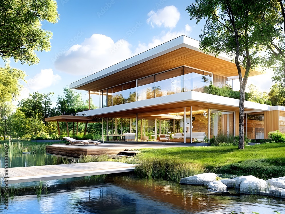 Modern house with wooden deck overlooking lake. Modern house with wooden deck overlooking lake.