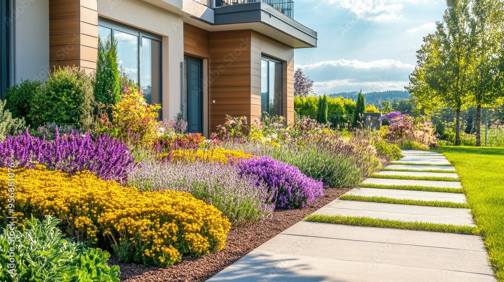 Elegant house front with a colorful garden and a neatly paved concrete walkway, perfect for real estate and home improvement projects. Elegant house front with a colorful garden and a neatly paved concrete walkway, perfect for real estate and home improvement projects.