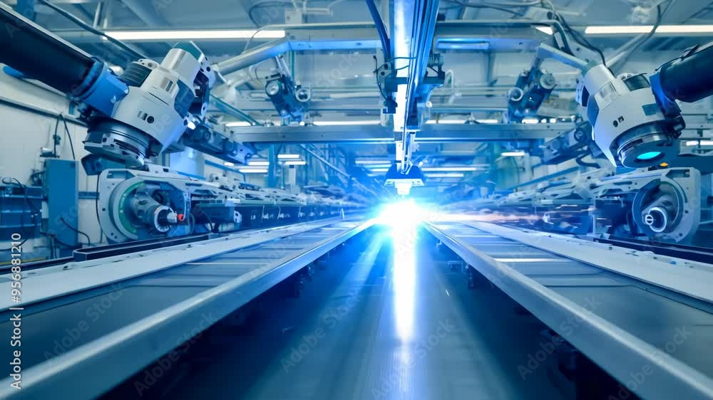 3D render of a robotic conveyor line with automated arms performing welding tasks in an electric vehicle factory. Advanced industrial automation and manufacturing.
3D render of a robotic conveyor line with automated arms performing welding tasks in an electric vehicle factory. Advanced industrial automation and manufacturing.