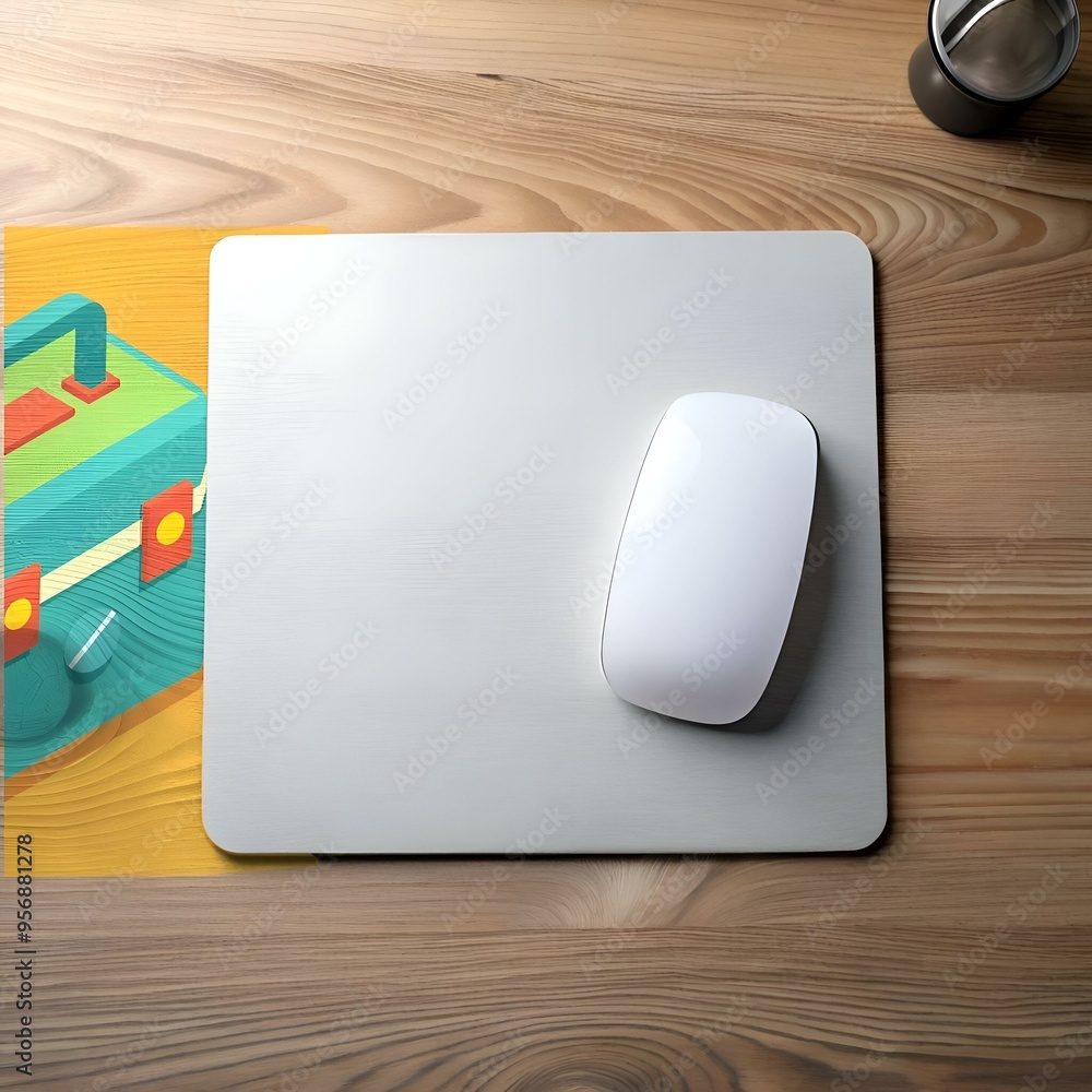 A clean. minimalist workspace with a white wireless mouse resting on a silver mousepad. A clean. minimalist workspace with a white wireless mouse resting on a silver mousepad.