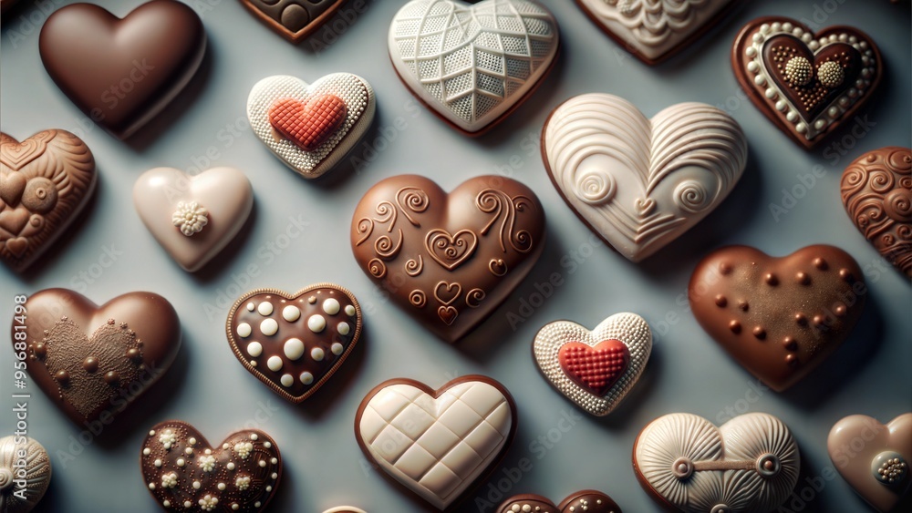 Flat lay of various decorative chocolate hearts in different colors and designs Flat lay of various decorative chocolate hearts in different colors and designs