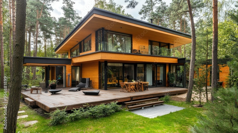 Elegant modern wooden house in loft style, complete with a terrace and outdoor sauna, ideal for serene living and architectural inspiration. Elegant modern wooden house in loft style, complete with a terrace and outdoor sauna, ideal for serene living and architectural inspiration.