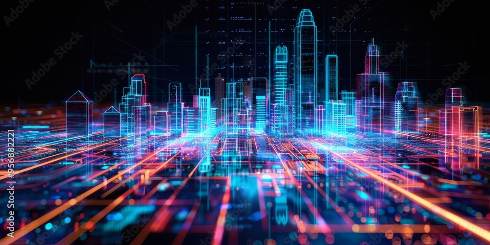 Hologram of a futuristic city skyline, illustrating urban planning and architecture concepts Hologram of a futuristic city skyline, illustrating urban planning and architecture concepts