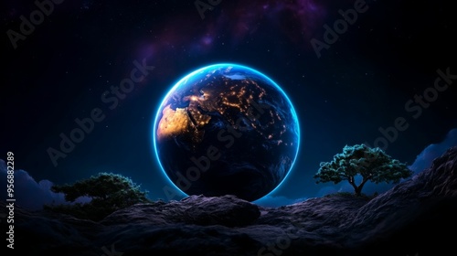 Earth shining brightly from space, surrounded by twinkling stars, symbolizing life and interconnectedness.