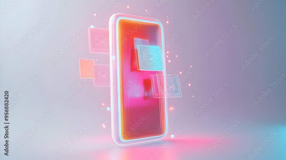 Smartphone with holographic file sharing icons and copy space isolated on white balance concept as Camera movement Focus on the smartphone screen displaying glowing holographic file sharing icons. Sce Smartphone with holographic file sharing icons and copy space isolated on white balance concept as Camera movement Focus on the smartphone screen displaying glowing holographic file sharing icons. Sce