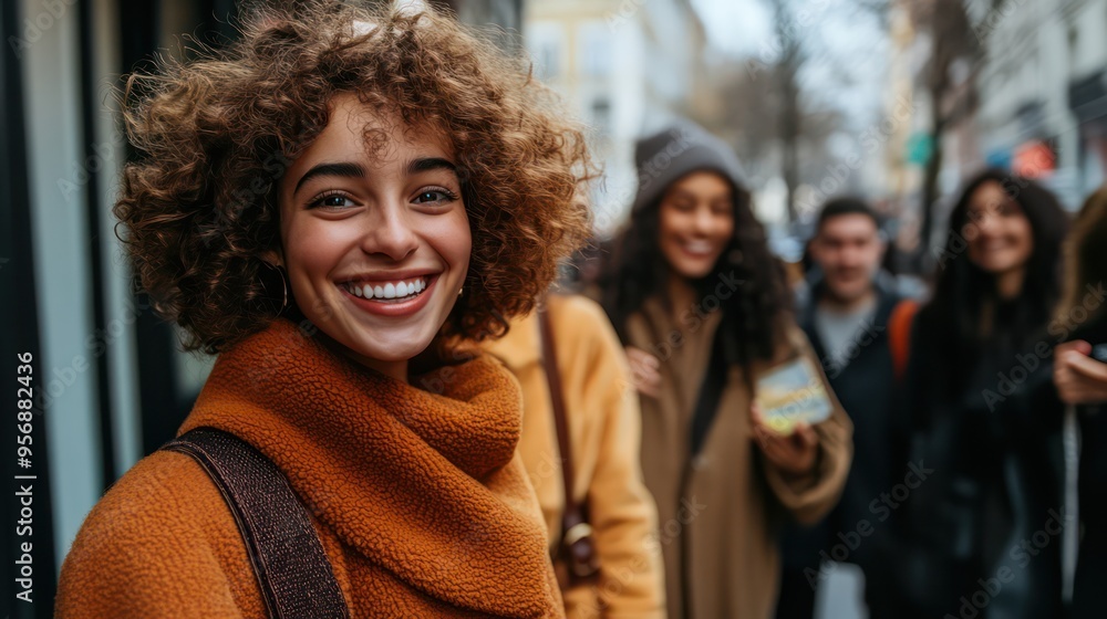 Influencer shares a laugh with a group of friends on the sidewalk, highlighting the fun and spontaneity of social media content creation. Influencer shares a laugh with a group of friends on the sidewalk, highlighting the fun and spontaneity of social media content creation.