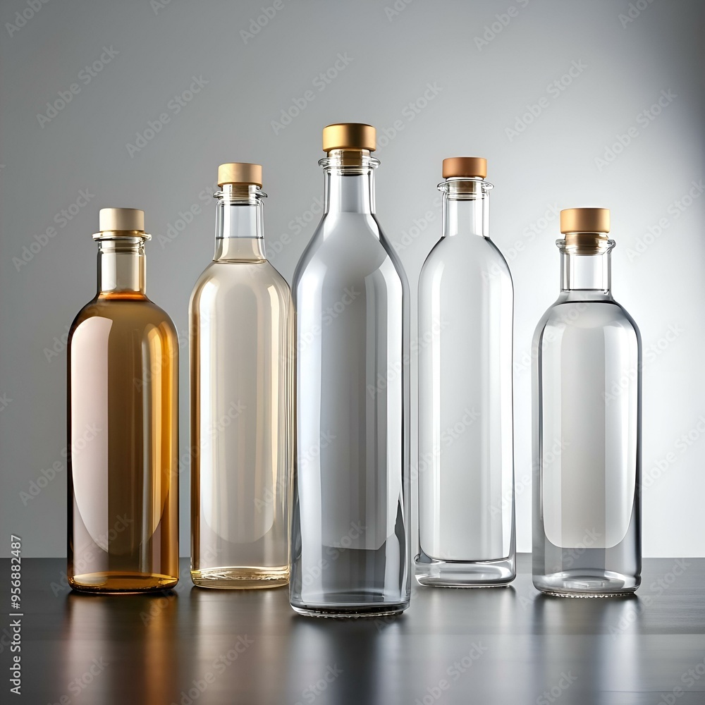 Five glass bottles with gold caps and various liquid levels on a reflective surface. Five glass bottles with gold caps and various liquid levels on a reflective surface.