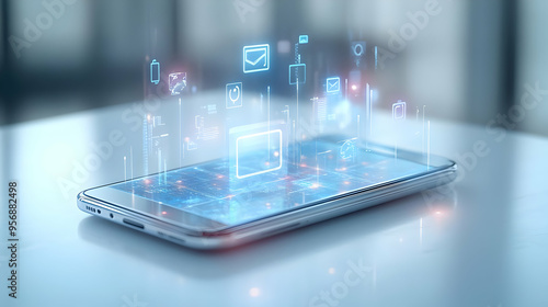 Wallpaper Mural Smartphone with holographic reminder icons and copy space isolated on white balance concept as Camera movement Focus on the smartphone screen displaying glowing holographic reminder icons. Scene Minim Torontodigital.ca