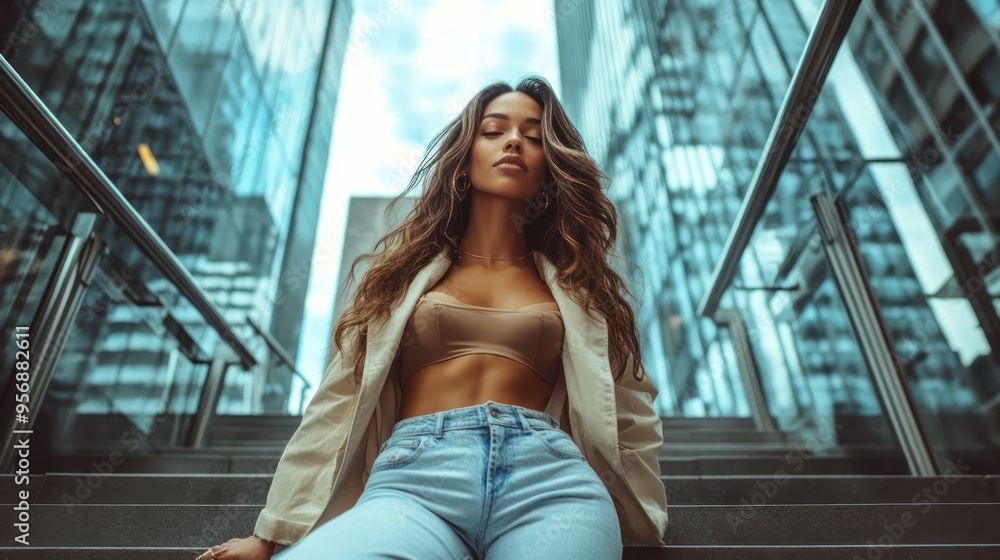 Influencer strikes a dynamic pose on a city staircase, merging fashion and architecture to create compelling visual content. Influencer strikes a dynamic pose on a city staircase, merging fashion and architecture to create compelling visual content.