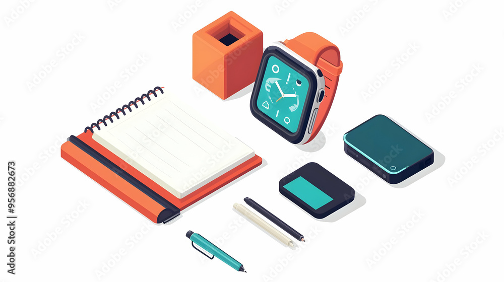 Smartwatch and Notebook Isolated Vector concept as A modern isolated vector of a smartwatch and notebook symbolizing mobile learning and digital note taking in online education. The elements are place Smartwatch and Notebook Isolated Vector concept as A modern isolated vector of a smartwatch and notebook symbolizing mobile learning and digital note taking in online education. The elements are place