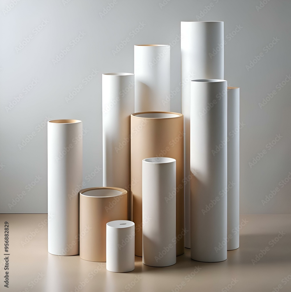 A minimalist arrangement of cylinders in white. cream. and beige. creating a simple yet elegant display. A minimalist arrangement of cylinders in white. cream. and beige. creating a simple yet elegant display.