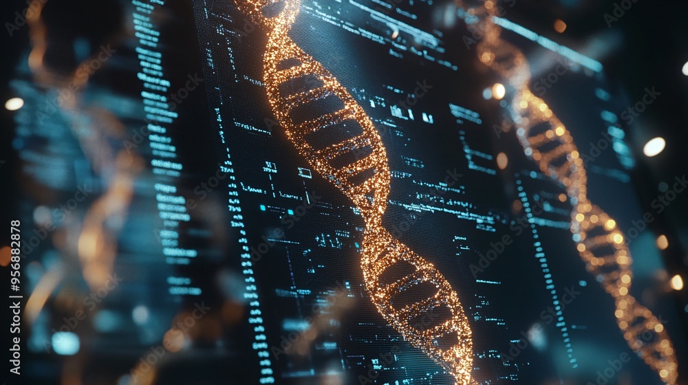 A glowing DNA double helix is displayed on a digital screen, surrounded by abstract data and lines. A glowing DNA double helix is displayed on a digital screen, surrounded by abstract data and lines.