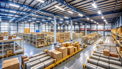 Busy e-commerce fulfillment center with rows of shelving units, boxes, and packaging materials, conveyer belts, and scanners, illuminated by bright overhead lighting. photo