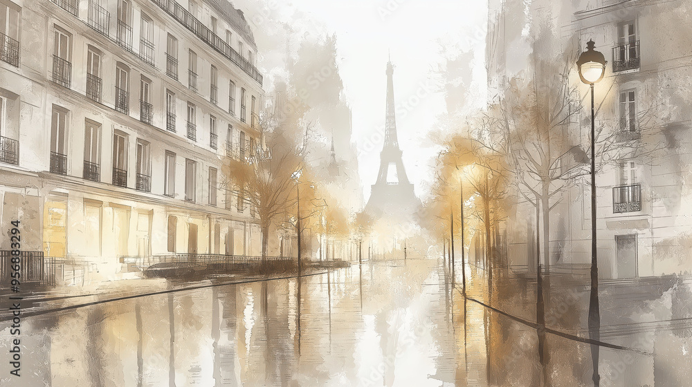 Naklejka premium A serene Paris street scene featuring the Eiffel Tower, illuminated by soft light and reflected in the rain-soaked pavement.