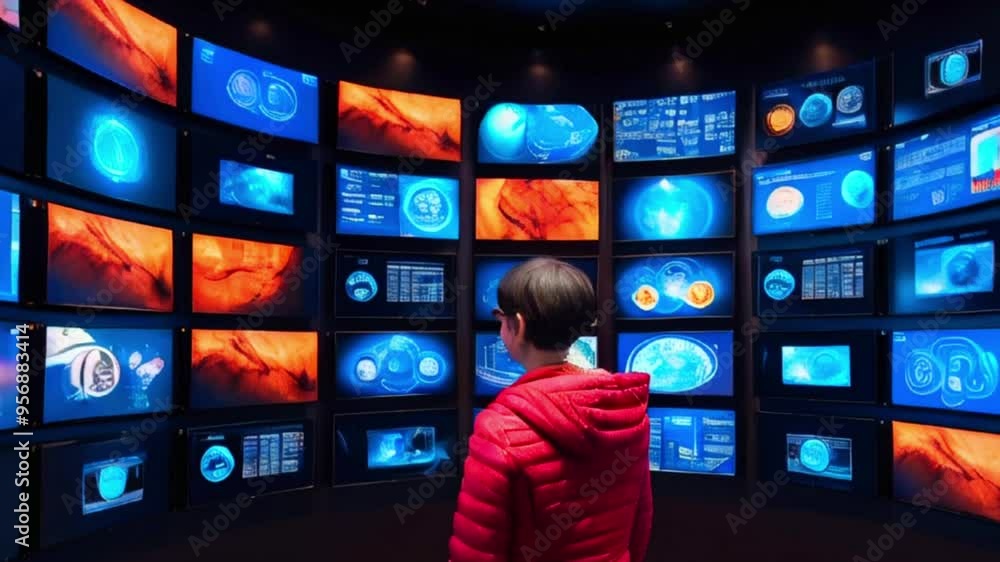 A young person in a red jacket stands in front of a wall of monitors displaying medical images. A young person in a red jacket stands in front of a wall of monitors displaying medical images.