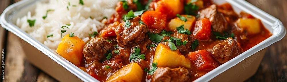 Beef Stew with Potatoes and Carrots in a Takeout Container - Food Photography Beef Stew with Potatoes and Carrots in a Takeout Container - Food Photography