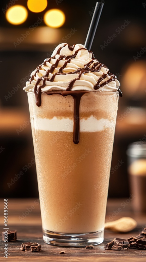 Delicious chocolate frappuccino topped with whipped cream and drizzled chocolate, perfect for a refreshing treat. Delicious chocolate frappuccino topped with whipped cream and drizzled chocolate, perfect for a refreshing treat.