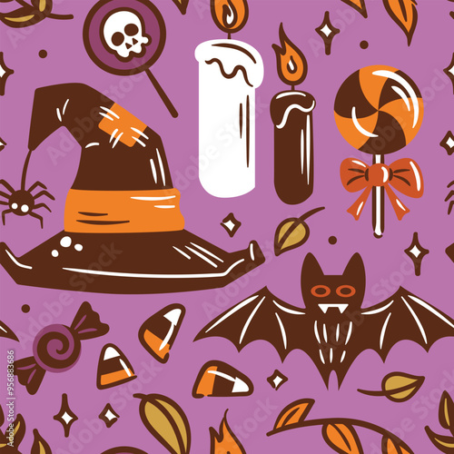 Halloween Themed Illustrations featuring Candy along with Spooky Elements and Details. Seamless pattern for wallpaper, fabric, wrapping, background.