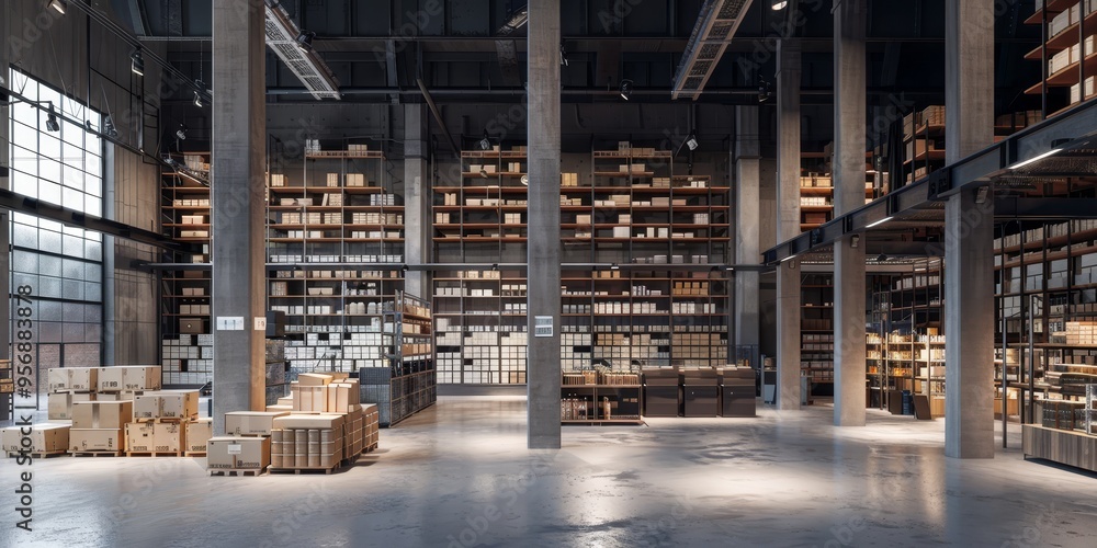 Fototapeta premium Industrial warehouse interior filled with shelves of goods, logistics and storage management