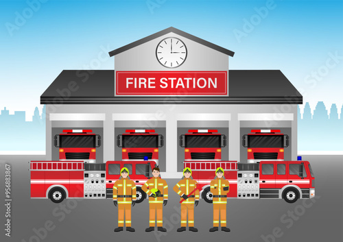 Fire Station with Fire Truck and Firefighter. Fire Department Building. Vector Illustration.  