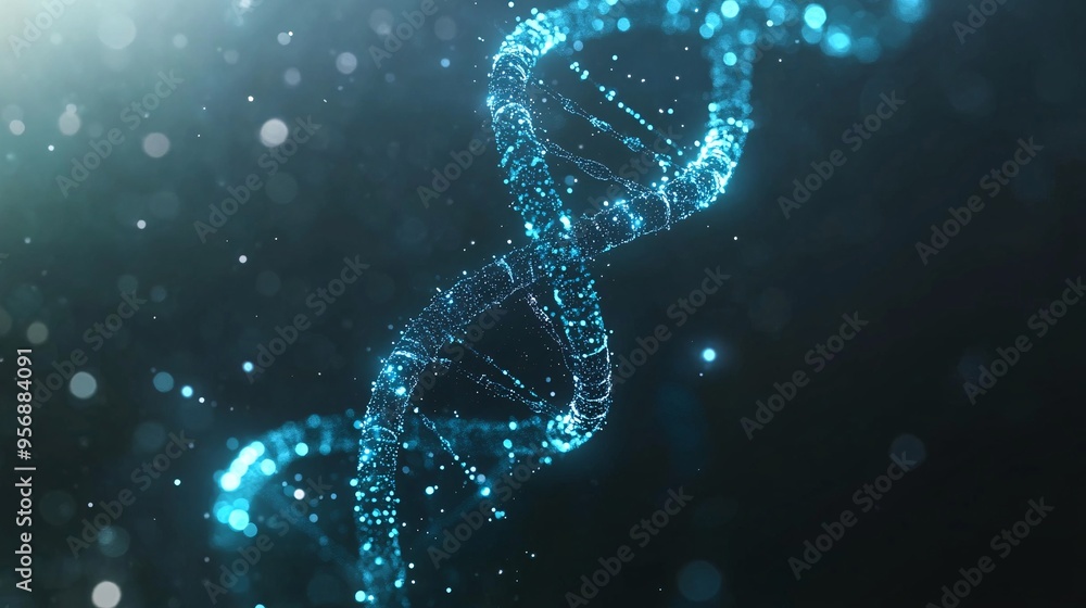 A glowing blue DNA double helix, abstractly rendered with particles, against a dark background with bokeh. A glowing blue DNA double helix, abstractly rendered with particles, against a dark background with bokeh.