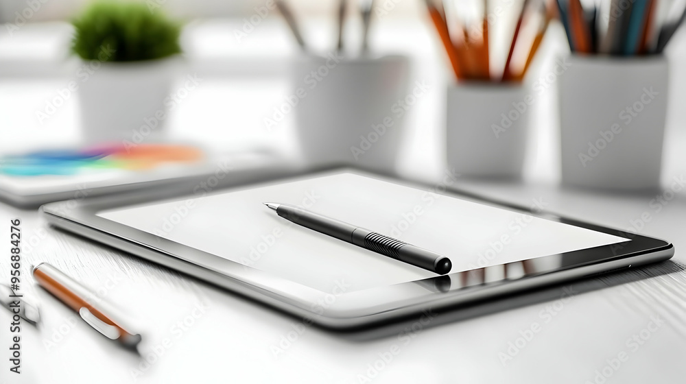 Tablet and pen with Creative Tools text isolated on white background concept as Camera movement Highlight the tablet and pen focusing on the creative aspect. Scene Clean creative setup with isolated w Tablet and pen with Creative Tools text isolated on white background concept as Camera movement Highlight the tablet and pen focusing on the creative aspect. Scene Clean creative setup with isolated w