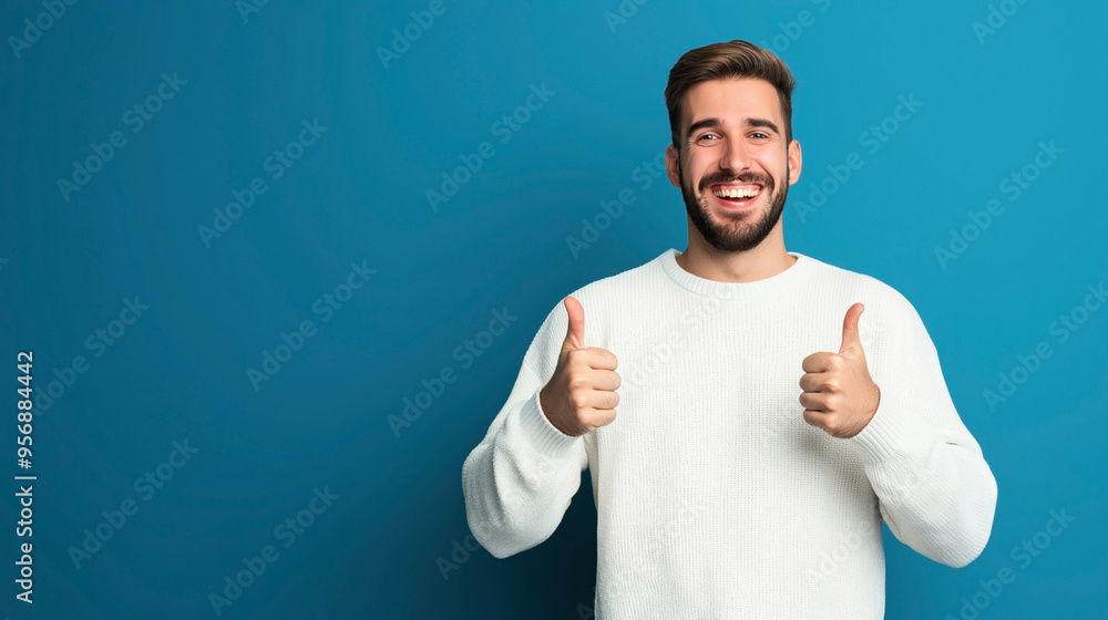 Smiling man with beard in white sweater giving double thumbs up gesture against solid blue background. Smiling man with beard in white sweater giving double thumbs up gesture against solid blue background.