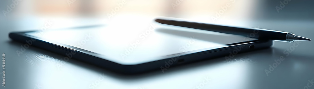 Tablet and stylus with Work From Anywhere text in a border frame with copy space concept as Camera movement Pan across the tablet and stylus focusing on the text. Scene Sleek and modern layout with am Tablet and stylus with Work From Anywhere text in a border frame with copy space concept as Camera movement Pan across the tablet and stylus focusing on the text. Scene Sleek and modern layout with am