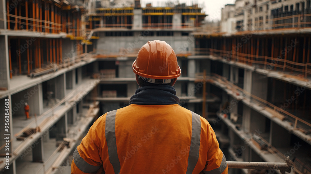 Fototapeta premium Construction worker observes building progress at a construction site during a cloudy day